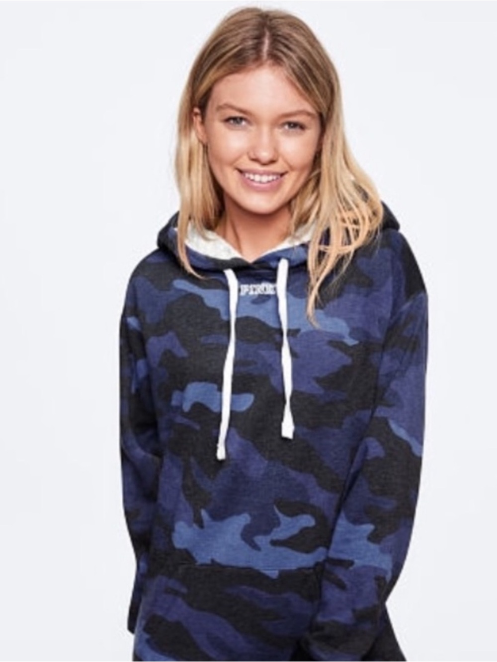 Victoria’s Secret Pink Blue Camo Sherpa Lined Campus Pullover Hoodie Large